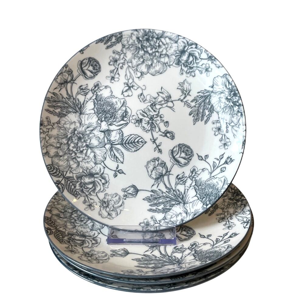 Godinger English Garden Porcelain Salad Plates 4pc 7.5in Gray & White Floral NEW